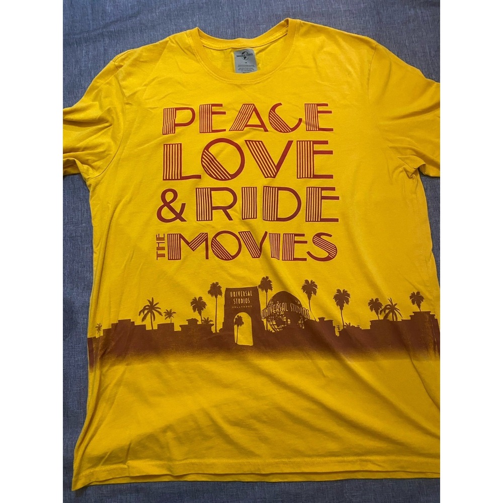 Universal Studios Yellow T-Shirt 2X Peace Love & Ride The Movies Theme Park‎ Tee